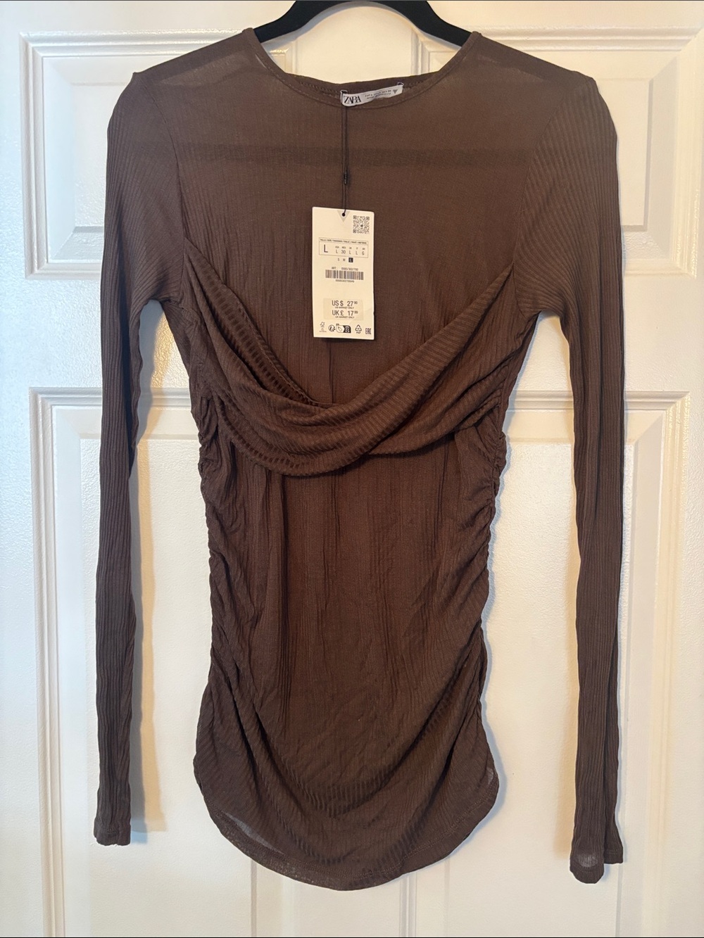 Zara Brown Ribbed Long-Sleeve Draped Front Top